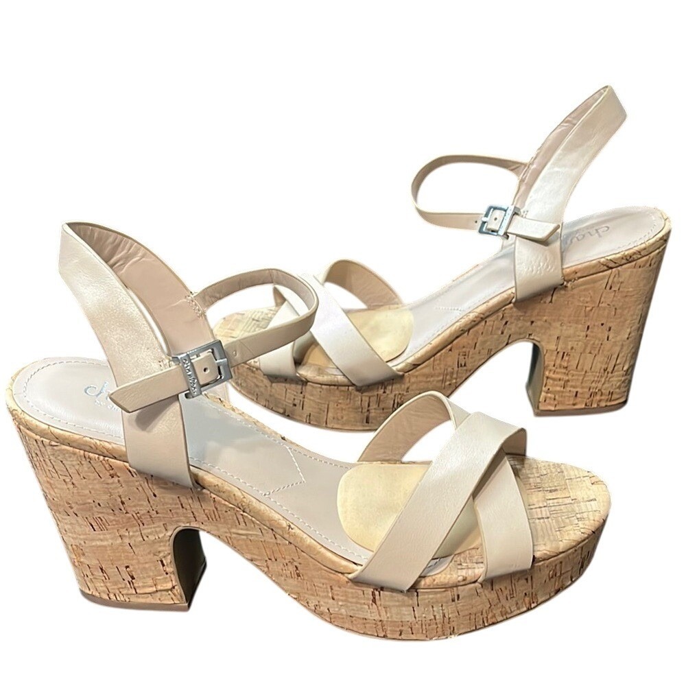 Charles David Departed Sandal Cream Cork Platform Chunky Heel Women 9.5M
